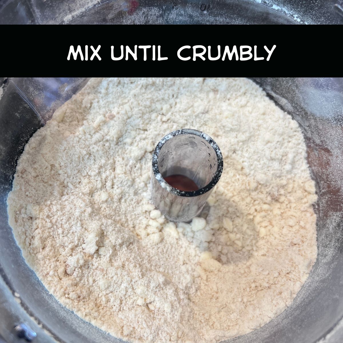 Flour sugar and butter mixture blended into crumbs in a food processor for lemon bar crust