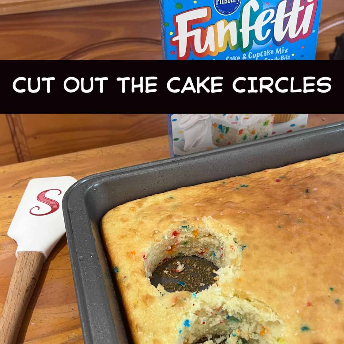 Round cake circles being cut from a baked Funfetti sheet cake using a drinking glass for Healthy Funfetti Dot Cake Jars.