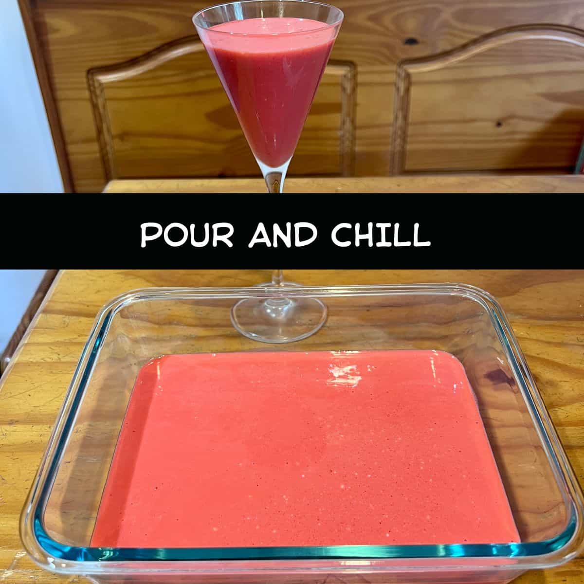 Cherry protein Jell-O mixture poured into individual dessert glasses before chilling.