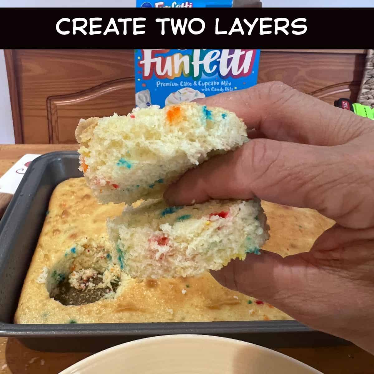 Hand holding a round Funfetti cake circle sliced horizontally into two thin layers for assembling Healthy Funfetti Dot Cake Jars.