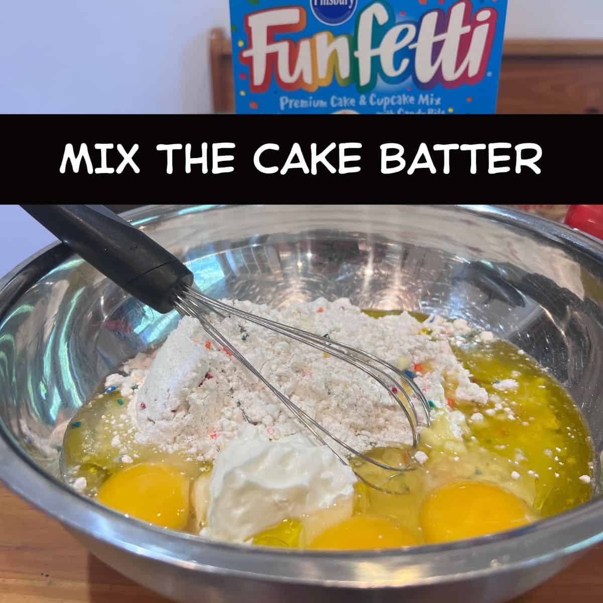 Mixing Funfetti cake mix with Greek yogurt, avocado oil, eggs, and water in a large bowl to make a lighter version of viral dot cake jars.