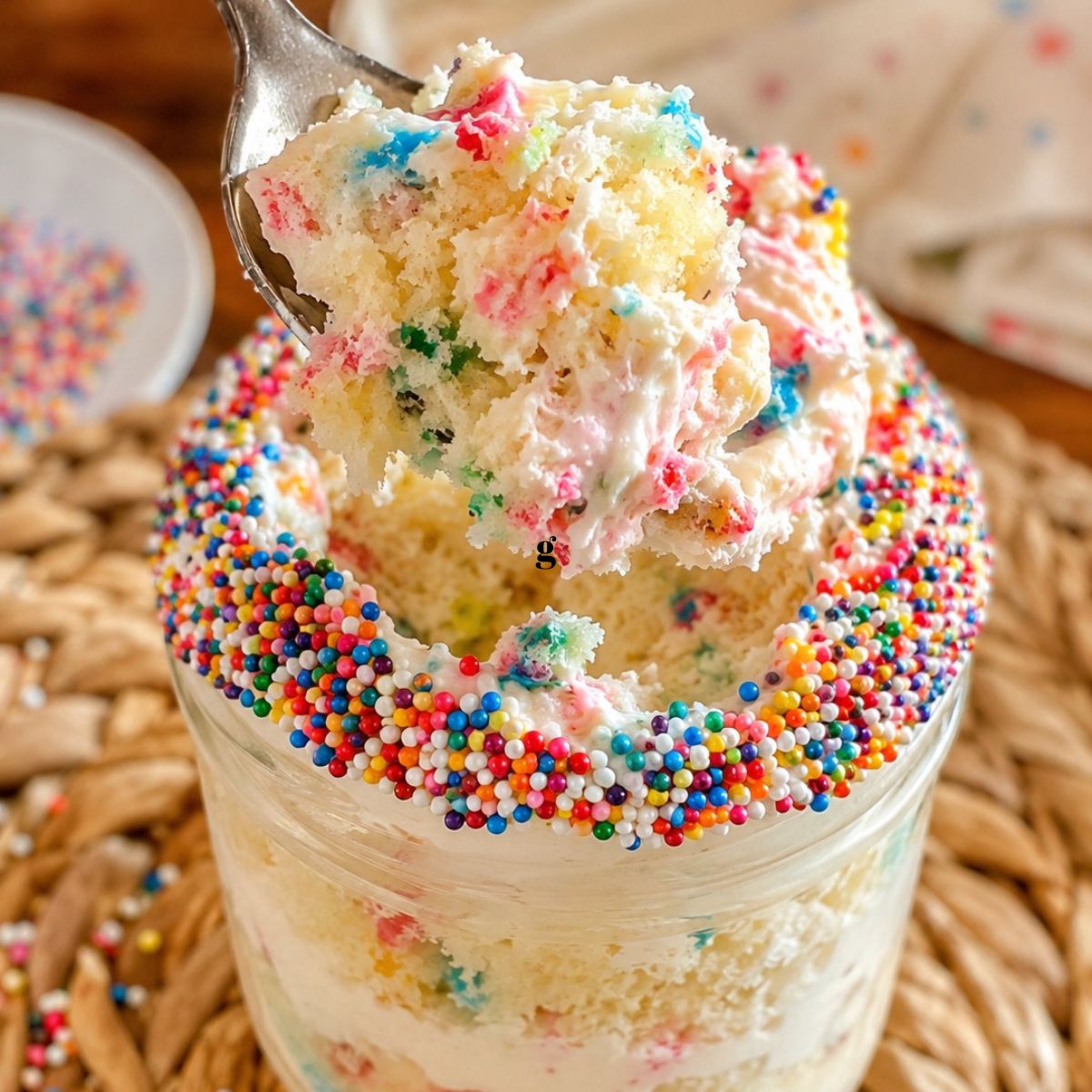 Spoonful of Healthy Funfetti Dot Cake lifted from a sprinkle-topped dessert jar, showing layers of cake and creamy frosting.
