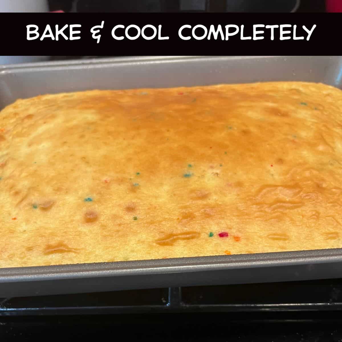 Freshly baked Funfetti cake cooling in a 9x13-inch baking pan before being cut into circles for healthy Funfetti dot cake jars.