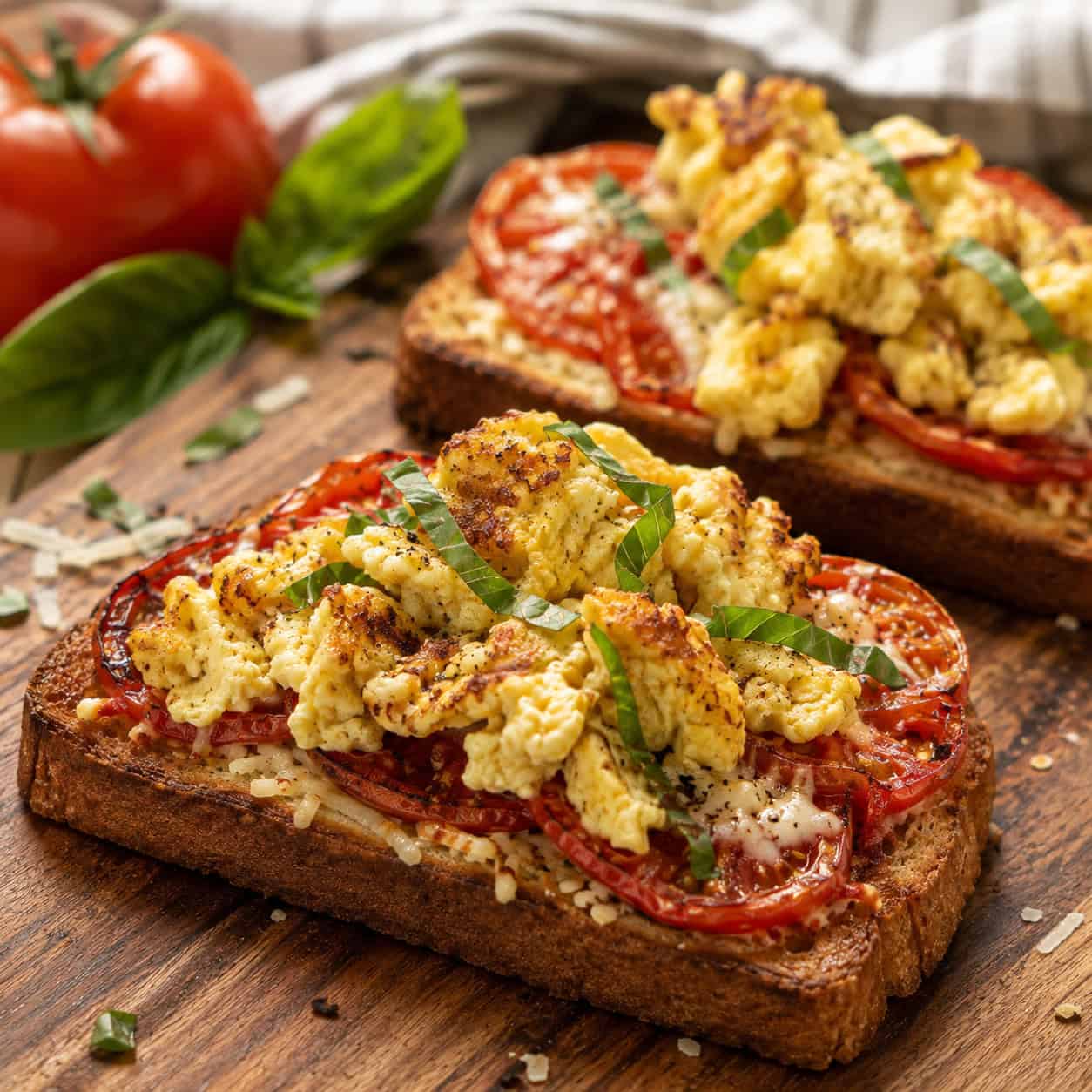 High protein tomato and egg breakfast pizza toast with cottage cheese scrambled eggs on sourdough