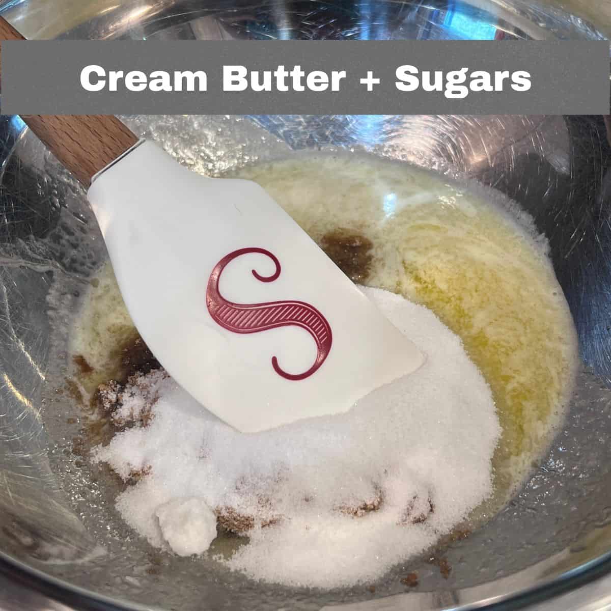 Softened butter, brown sugar, and granulated sugar in a mixing bowl for Oreo chocolate chip marshmallow cookies.