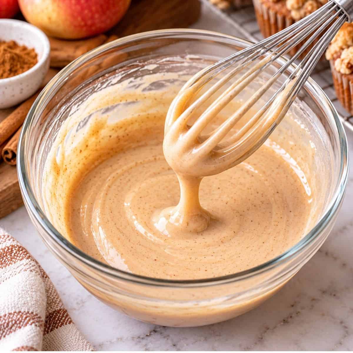 Thick maple glaze for healthy apple fritter muffins being whisked in a bowl
