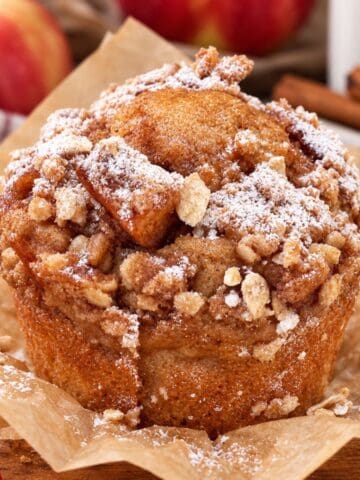 Healthy apple fritter muffin with cinnamon streusel and maple glaze