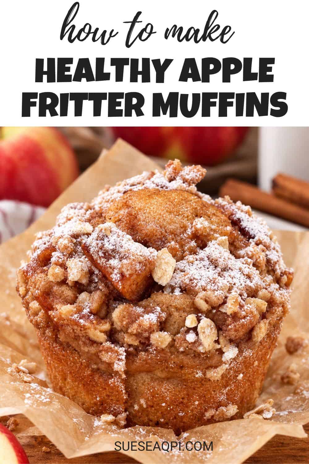 Healthy apple fritter muffin with cinnamon streusel and maple glaze