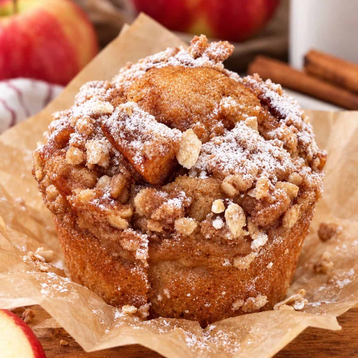 Healthy apple fritter muffin with cinnamon streusel and maple glaze