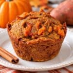 Healthy pumpkin sweet potato muffin made with oat flour and maple syrup