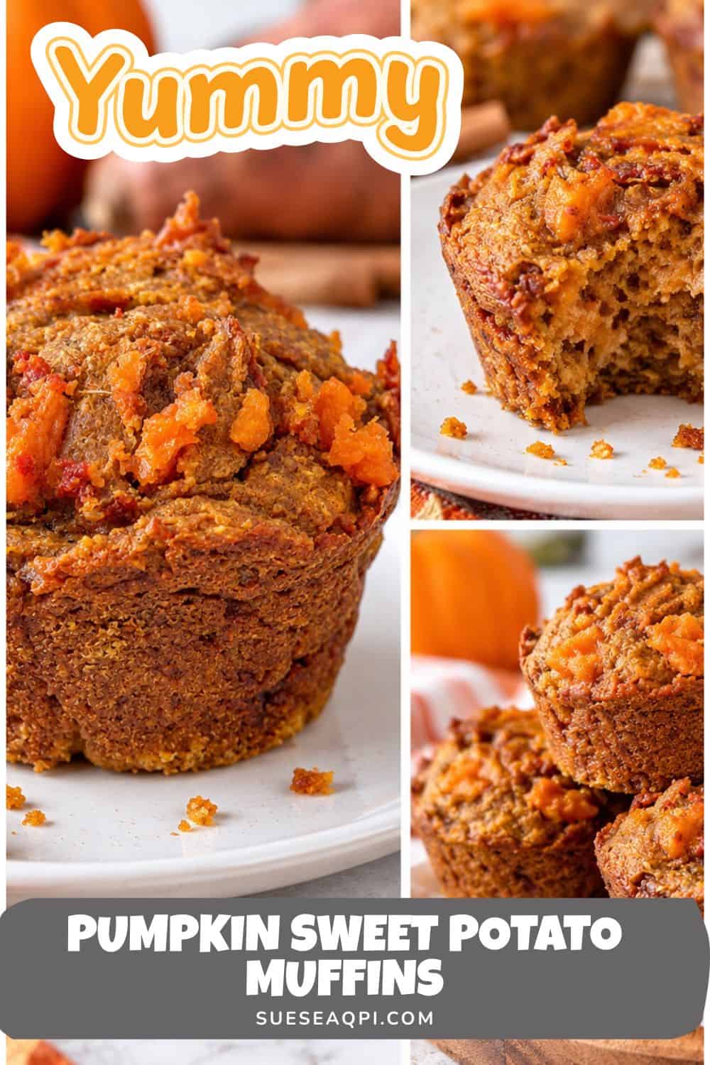 Collage of healthy pumpkin sweet potato muffins made with oat flour
