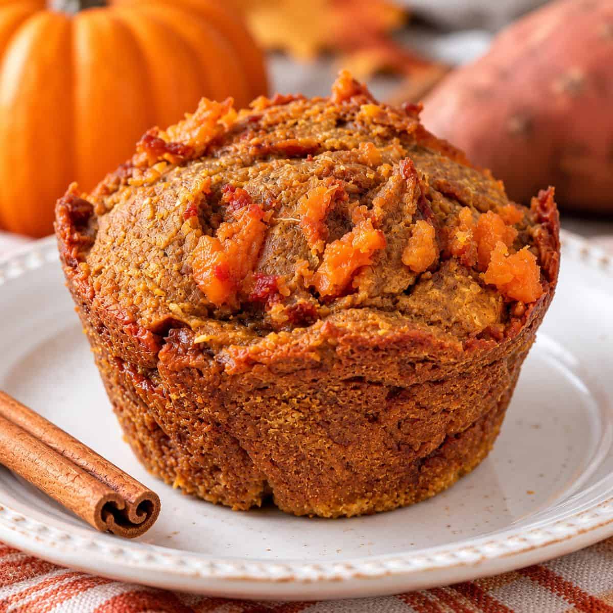 Healthy pumpkin sweet potato muffin made with oat flour and maple syrup