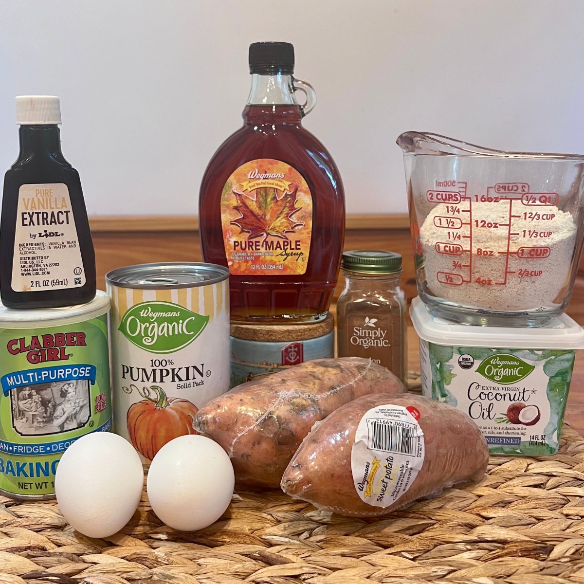 Ingredients for healthy pumpkin sweet potato muffins with oat flour