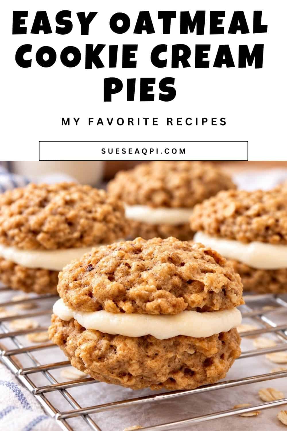 close-up of a homemade oatmeal cream pie cookie with soft cinnamon oatmeal cookies and creamy marshmallow filling.