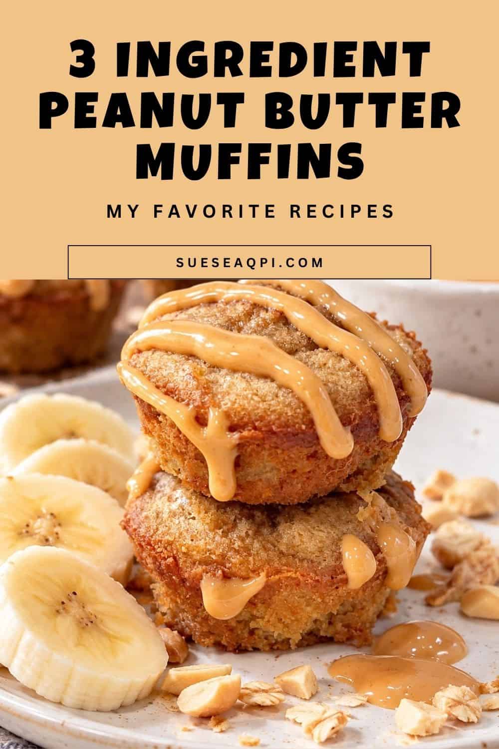 Flourless 3-ingredient peanut butter banana mini muffins topped with melted peanut butter drizzle, made with banana, egg, and peanut butter.