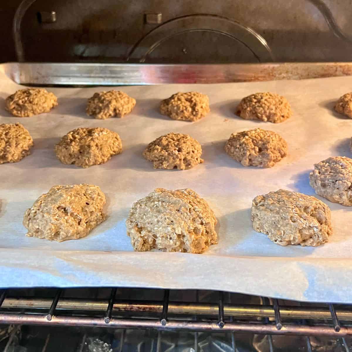 Homemade oatmeal cream pie cookies baking in the oven with lightly golden brown edges.